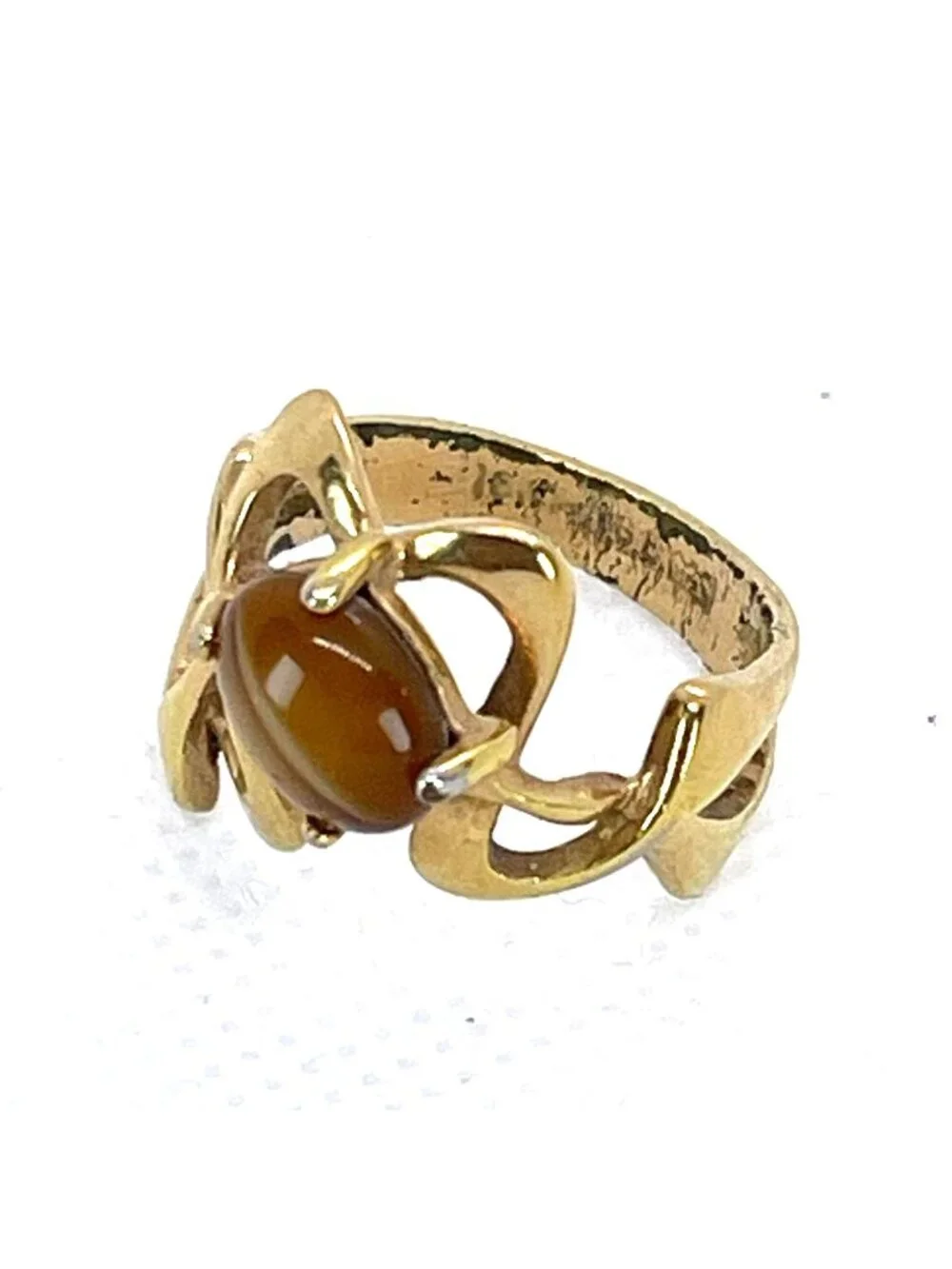 18KT HGE Tiger Eye Ring MCM Gold Plate 70s Open Loop Abstract Size 6.25 Vintage - Picture 4 of 11